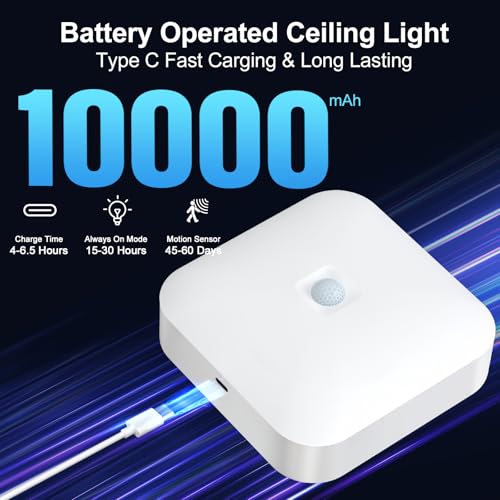 Image of Yunaking Rechargeable Ceiling Light with Motion Sensor: Battery Operated LED Closet Light with Remote & Timing - Wireless Dimmable Magnetic Mount Shower Lamp for Bathroom /Stairs /Garage /Hallway