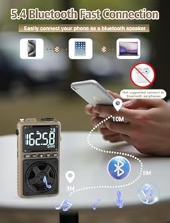 Bluetooth AM FM Shortwave Radio with NOAA Weather Alert,1250mAh Rechargeable Portable Pocket Radio with Best Reception,5W Big Speaker, Digital Tuner and Earphone,Support SD Card and USB Player（Brown）