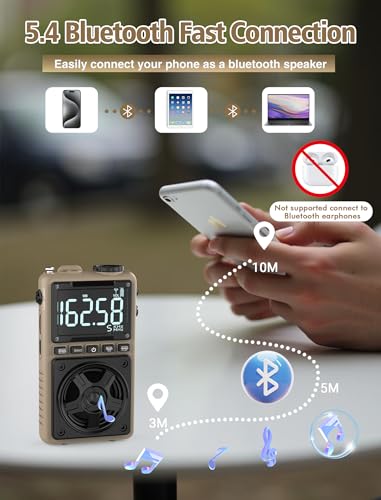 Image of Bluetooth AM FM Shortwave Radio with NOAA Weather Alert,1250mAh Rechargeable Portable Pocket Radio with Best Reception,5W Big Speaker, Digital Tuner and Earphone,Support SD Card and USB Player(Brown)