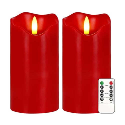 Justup Flammenlose LED-Kerzen Set von 2 Flackernde LED Kerzen mit Fernbedienung und Timer Dimmbare Säulen Kerzen Batterie betrieben Rote Kerzen für Home Winter Christmas Dekor (Rot)