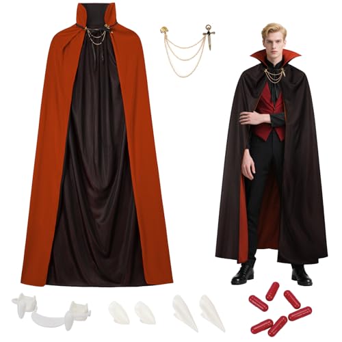 YIMOJOY Vampir Kostüm,Stehkragen Vampir Umhang Erwachsener 150cm mit Brosche & Vampirzähne & Kunstblut Set,Halloween Kostüm Herren Vampire Dracula...