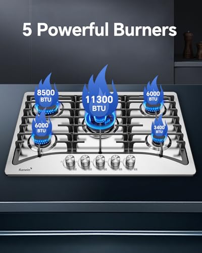 Image of Ranein 30 Inch 5 Burner Gas Cooktop, NG /LPG Convertible Gas Stove Top, 304 Stainless Steel with Thermocouple Flameout Protection for Kitchens, Apartments, RVs