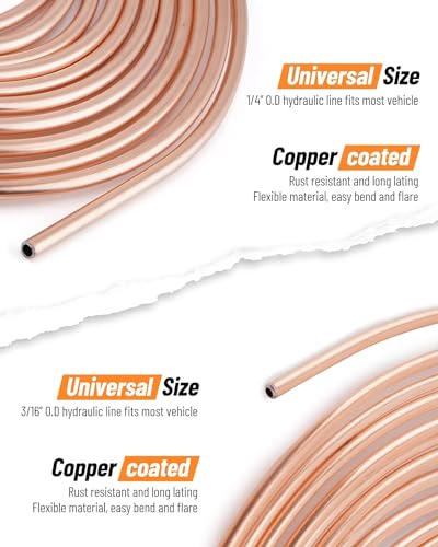 Image of 25FT 1 /4 inch + 3 /16 inch Copper Brake Line Kit | Includes 32 Fittings and 8 Unions + Tube Bender + Brake Line Double & Single Flaring Tool Kit