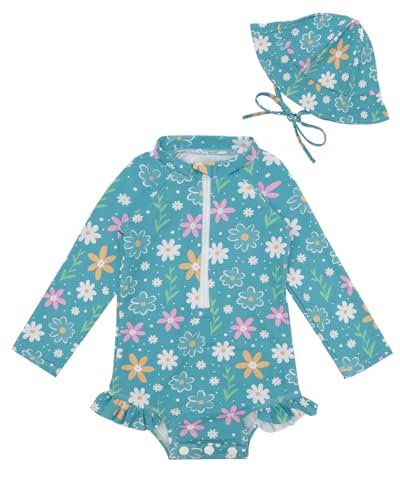 ALVABABY Girls' Long Sleeve Zipper One Piece Swimsuit with Hat,Baby/Toddler Girls' Rash Guard Sets,12-18M Bathing Suit for Outdoor Activities ST-EG05-12-18M