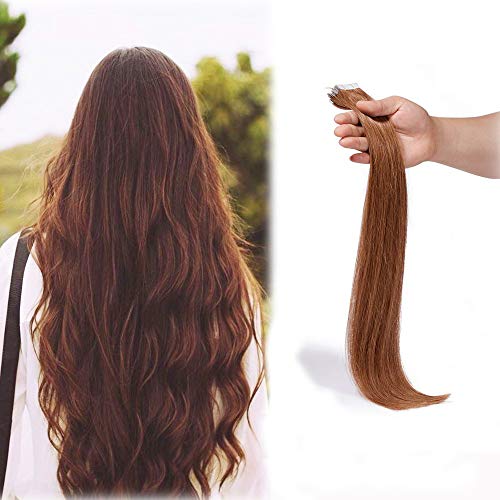 SHOWJARLLY Seamless Remy Tape in Hair Extensions Real Human Hair 22inch Straight #30 Medium/Light Auburn Tape on Skin Weft Hair Extensions (50g,20Pcs)