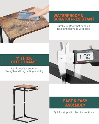 Image of C-Shaped Side Table for Couch - Small Coffee Stand Sofa Tray Desk with Metal Frame and Waterproof Scratch Resistant, Modern End Accent for Living Room, Bedroom, Set of 2, Rustic Brown