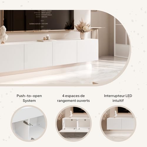 Meuble TV suspendu 200 cm blanc LED IDOHOME