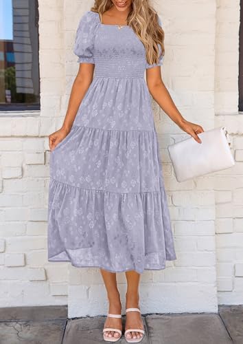 PRETTYGARDEN Women's 2026 Summer Casual Midi Dresses Square Neck Short Sleeve Smocked A Line Floral Flowy Elegant Boho Dress (Grey Blue,XX-Large) — view 6