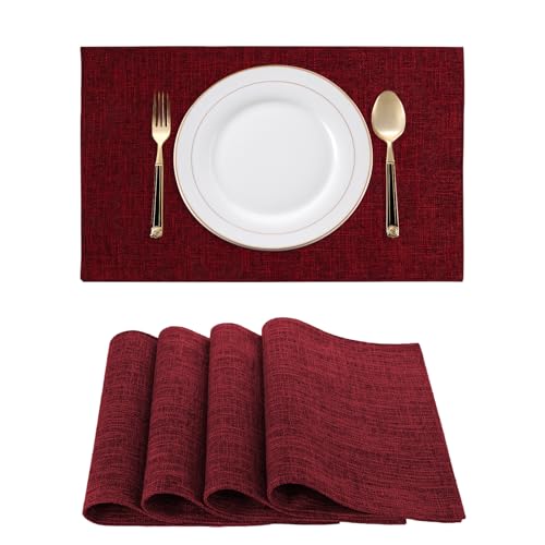 RoiYeel Lot de 4 Sets de Table en Lin, Lavable en Machine, 30x46 cm, Résistants à la Chaleur, Antidérapants et Faciles à Nettoyer, Napperons pour Table de Salle à Manger, Cuisine - Rouge Vin