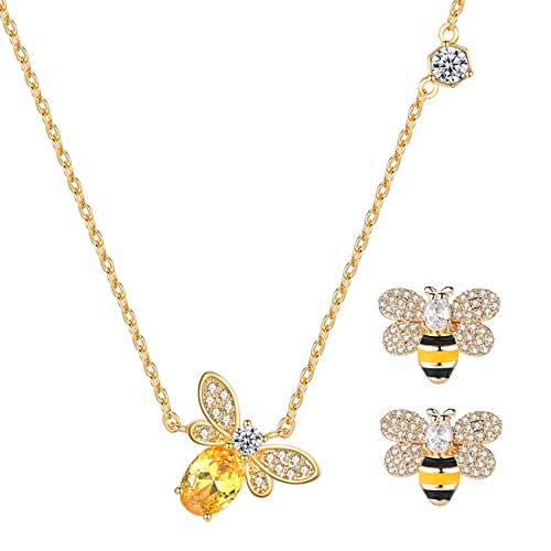 YooAi Juego de joyas de abeja, collar y pendientes para mujeres y niñas, chapado en oro de 18 quilates, Oro Gema Cover