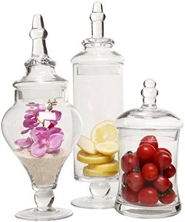 MyGift Clear Glass Apothecary Jars with Lid, Decorative Footed Vase, Candy Buffet Containers Set of 3