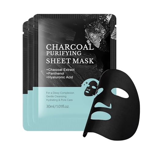 Image of 3 Pack Charcoal Purifying Sheet Mask, Deep Purifying Pore, Hydrating, Gentle Care Skin, Rejuvenating Clarity Collagen Essence Facial Mask with Charcoal Extract & Hyaluronic Acid for Women