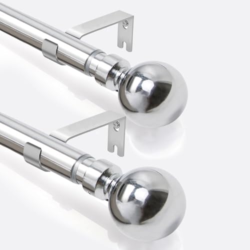 Oxford Homeware 2 Pack Adjustable Curtain Poles for Eyelet Curtains 160-300cm Sturdy Plain Ball Curtain Pole Set with Rod Finials Rings Brackets & Fittings (Chrome)