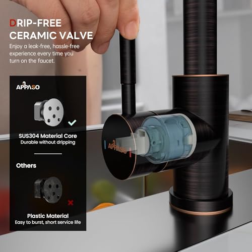 APPASO Bronze Kitchen Faucet with Pull Down Sprayer (3 Modes), Oil Rubbed Bronze High Arc Kitchen Faucet, 304 Stainless Steel 360° Swivel Kitchen Sink Faucet Single Handle Single Hole