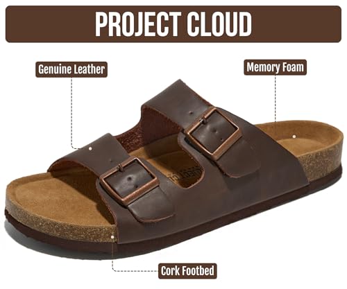 Image of Project Cloud Mens Sandals, 100% Genuine Leather Mens Slides (Heritage) | Memory Foam Insole & Cork Footbed Slides for Men Footwear Non Slip Summer Sandals for Men & Lightweight Sandals Men