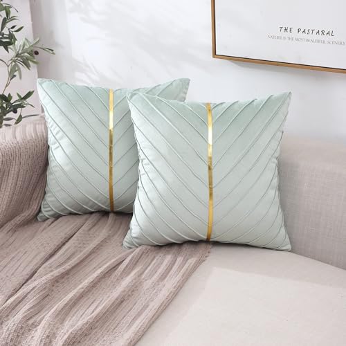 Image of Velvet Throw Pillow Covers 22x22 Pack of 2 Gold Decor Mint Green