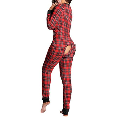 Michellecmm Women Butt Button Back Flap Jumpsuit Pajamas V-Neck Button Down Long Sleeve One Piece Bodysuit Rompers Sleepwear (Bb Red Plaid, M) Cover