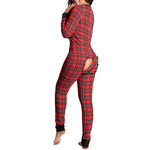 FeMereina Women's Sexy Drop Seat Pajamas Jumpsuit Butt Flap Pajamas Long Sleeve One Piece Bodysuit Rompers (z14, M)