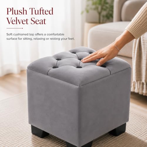 Image of Velvet Cube Ottoman | Seating Stool for Living Room | Soft Cushioned Footrest Stool with Durable Plastic Legs | Multipurpose Seating, Side Table & Pouffe Home Decor, 12x12x14 inch (Grey)
