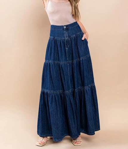 kiobrvhe Women's A-Line Half Body Cake Fluffy Skirts Y2k Loose Solid Color Long Denim Low-Waisted Vacation Style Skirt3