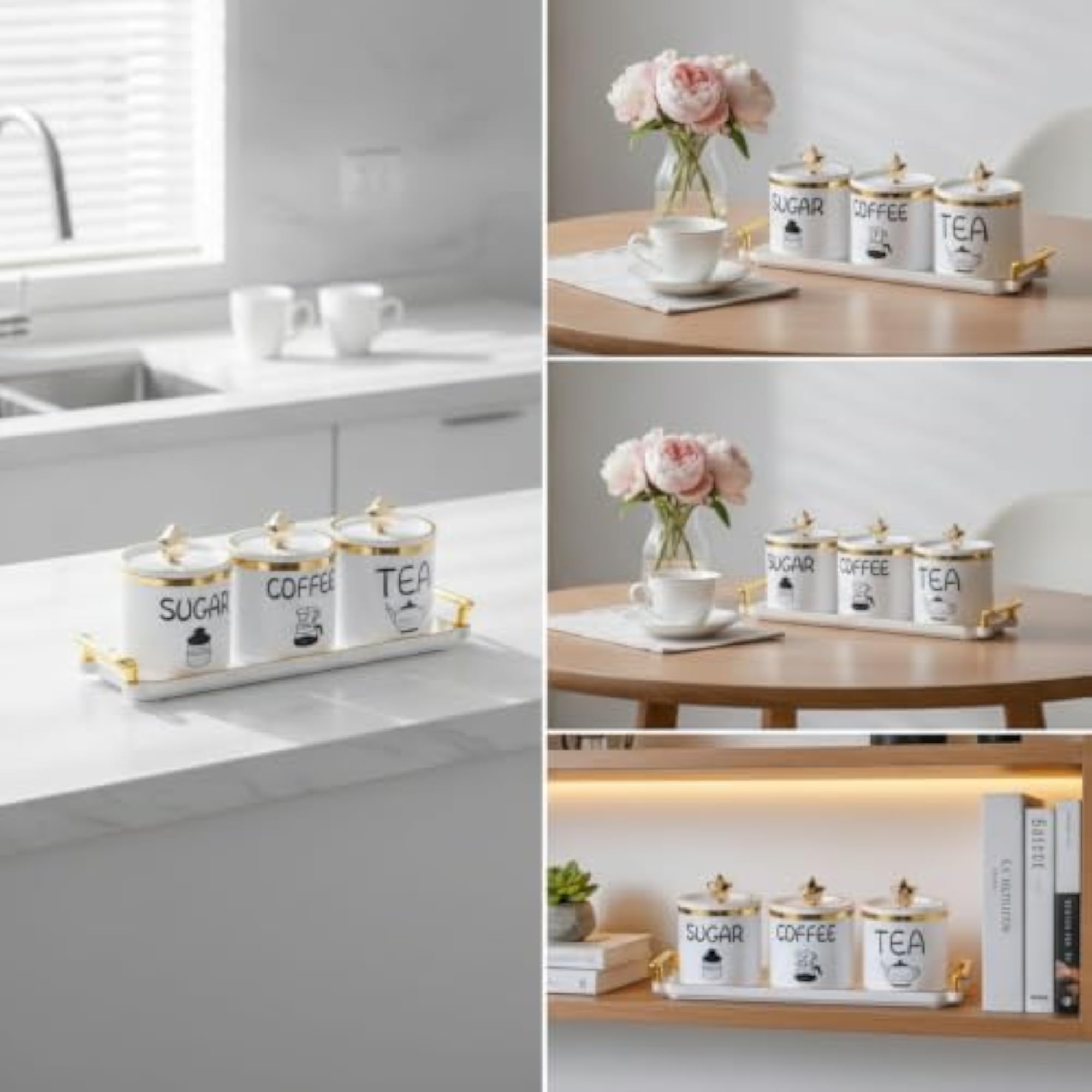 Gold-Trimmed Tea Coffee Sugar Canisters Set with Tray