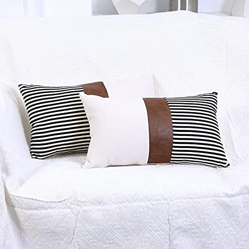 Boysum Set Of 2 Farmhouse Decorative Throw Pillow Covers Black Striped Patchwork Linen Pillow Covers Brown Faux Leather Modern Outdoor Decor Cushion Case 12X20 Inch, Black #TOP4