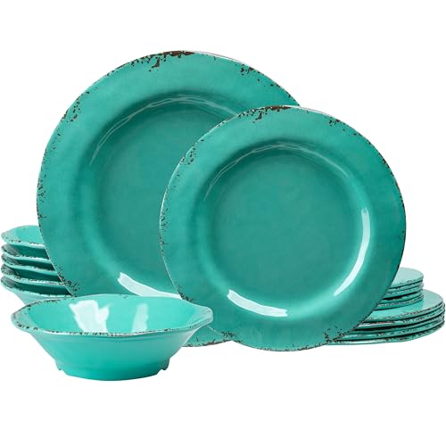 ZAROCRUS 18-Piece Farmhouse Melamine Dinnerware Set - Shatterproof, Lightweight, and Durable Outdoor Dining Plates, Bowls, and Serving Dishes for Everyday Use, Camping, and Picnics, Light Green