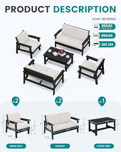 SERWALL-HDPE-Outdoor-Furniture-Set-5-Piece-Outdoor-Sectional-Couch-Black-Frame-with-Khaki-Cushions SERWALL HDPE Outdoor Furniture Set 5 Piece Outdoor Sectional Couch Black Frame with Khaki Cushions