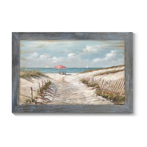 TAR TAR STUDIO Bathroom Beach Wooden Wall Art: Seascape Path Pictures Coastal View Artwork for Bedroom Living Room 24 x 16 Inch