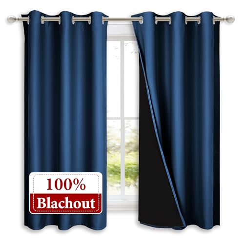 Image of NICETOWN 100% Blackout Curtains with Black Liners, Solid Thermal Insulated Full Blackout 2-Layer Lined Drapes, Energy Efficiency Window Draperies for Bedroom (2 Panels, 42 inch W by 63 inch L, Moroccan Blue)