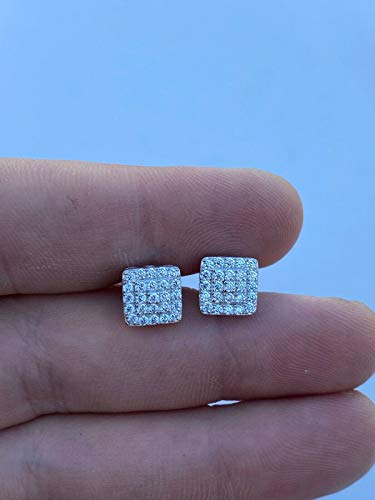 Real Solid 925 Silver Iced Diamond Earrings Screw Back Men's & Woman's Square 1/3" Hip Hop Icy #TOP5