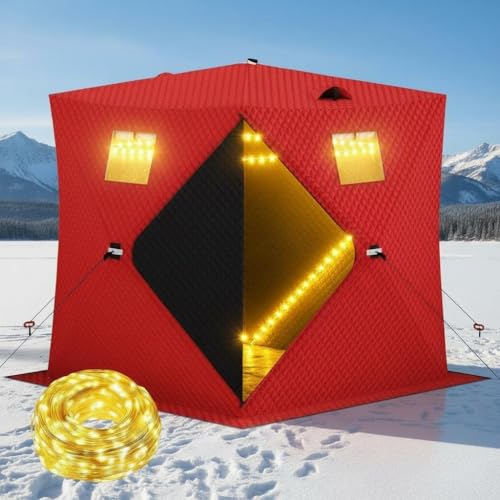 Garvee Pop Up Ice Fishing Shelter and Insulated Ice Fishing Tent with 49ft LED Light Strip, Windproof Portable Hub Design, Fits 3-4 People, 34 sq ft Fishable Area, Red