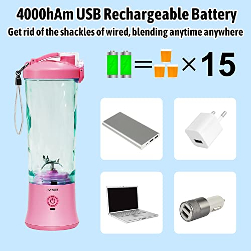 20 Oz Portable Blender For Shakes And Smoothies, Topesct Personal Size Blender Usb Rechargeable, Strong Cutting Power With 6 Ultra-Sharp Blades For Travel, Office & Sports (Pink) #TOP4
