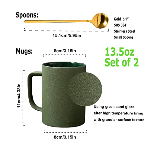 Fmbb Coffee Mugs Matte Frosted Porcelain Tea Cup Restaurant Drinking Cups With Long Handle Small Spoons, Set Of 2, Gift For Office Staff Or Home Using, Safe For Microwave & Dishwasher, Green/Gold #TOP1