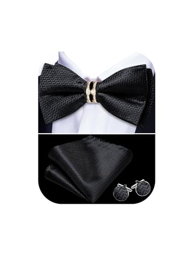 Image of YOHOWA Mens Bow Tie Set Paisley Pre-tied Bowties Adjustable with Handkerchief Cufflinks Gold Ring Set Wedding Prom Party