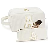 ALIIP Set Neceser Mujer Personalizado Inicial, 2 piezas Neceser de Maquillaje de Pana, Bolsa de Cosméticos de Viaje, Bolsa de Aseo con Letra, Regalo para Mamá Mujeres Novias Mejores Amigas (Beige - A)
