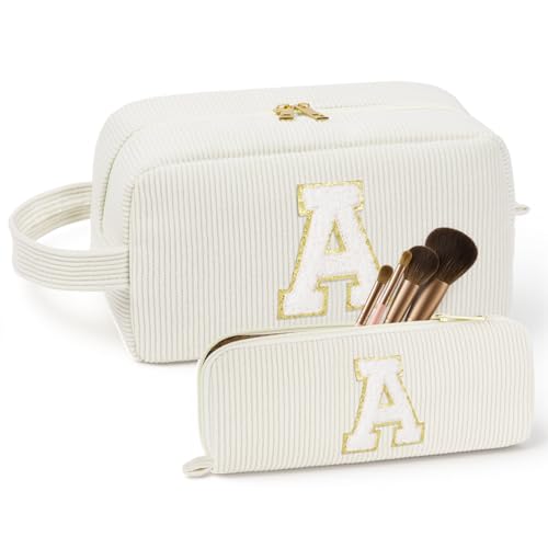 ALIIP Set Neceser Mujer Personalizado Inicial, 2 piezas Neceser de Maquillaje de Pana, Bolsa de Cosméticos de Viaje, Bolsa de Aseo con Letra, Regalo para Mamá Mujeres Novias Mejores Amigas (Beige - A)