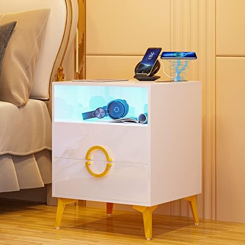 Gurexl High Gloss White Nightstand with Human Body Sensor and Wireless Charging Station for Bedroom Furniture,Auto Sensor LED 3 Color Dimmable Modern End Side Bedside Table with 2 Sliding Drawers
