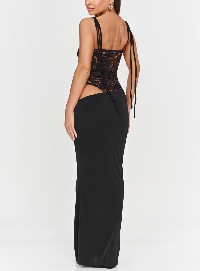 Image of Women's Lace Splicing Cutout Maxi Dress Square Neck Sleeveless Bodycon Long Dress with Sheer Corset