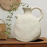 Rustic White Ceramic Vase for Home Decor, Antique Large Textured Frosted Matte Farmhouse Clay Jug Pitcher Pottery Vases with Handle for Centerpiece Gift…