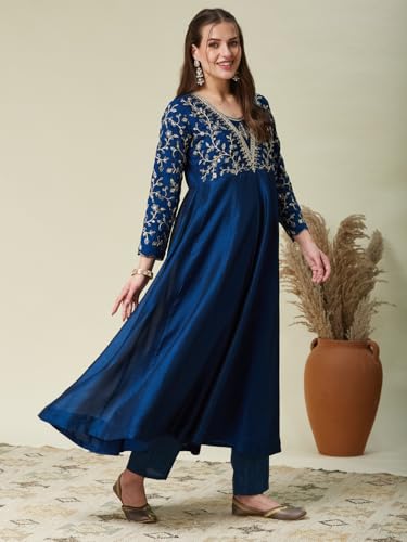 Image of MOKOSH Women's Silk Anarkali Kurta Pant with Dupatta | Anarkali Kurta Set | Embroidered | 3 Piece Outfit | Floral Ethnic Suit 4 Colour Options Available