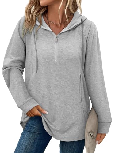 onlypuff Women Hoodie Pullover Trendy Quarter Zipper Lapel Sweatshirts Drawstring Cute Hooded Tunic Tops with Side Pockets
