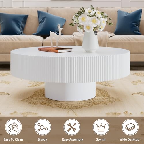 Souwofs 30.9" Round Coffee Table For Living Room, Modern Luxury Wood Coffee Table White Circle Accent Table Drum Center Table For Office, Apartment - 4