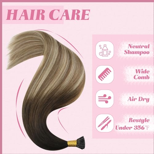 Image of YoungSee I Tip Extensions Dark Brown Ombre, Itip Human Hair Extensions, Balayage Dark Brown to Medium Browns with Blonde, Itip Hair Extension Real Human Hair, 14 Inch 70 Strands 50g, for Short Hair