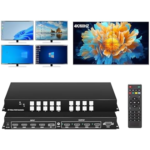4K/60HZ 4X4 HDMI Matrix Switch, 2X2 Video Wall Controller Switching HDMI Splitter, HDMI Matrix Seamless Switcher 4 HDMI+1 DP in 4 HDMI Out 2x2 TV Wall Controller for 4 TV Splicing Display 90°Rotate Cover