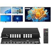 4K/60Hz 2x2 Video Wall Controller, 4x4 HDMI Matrix Switch with HDMI 2.0 inputs 1x2 1x3 1x4 2x1 3x1 4x1 UHD TV Wall Controller Auto Display and Play max 90 Degree Rotation