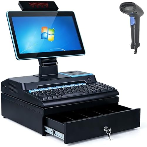 Cash Register with Pos System, All-in-One Smart Cash Register for Small Businesses, with 14" Touch Screen Monitor, Dual-core I3 CPU, Cash Drawer, 58mm Printer, Barcode Scanner Blue