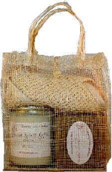 Christmas with Coal, 4-piece Gift Set - Blue Spruce Scented Soy Candle, Fir Needle Soap, Activated Charcoal Soap with Sisal Bath Cloth & Decorative Gift Bag