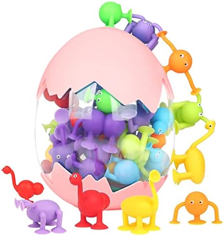 Suction Cup Toys, 40 Pcs Bath Toys for Kids Ages 3+ Sensory Toys Stress Release Toys Travel Toys Suction Toys Silicone Animal Sucker Toys with Dinosaur Eggshell Storage (Pink)