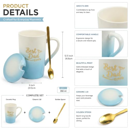 Image of ZAICUS Best Dad Ever Coffee Mug with Lid & Spoon, Ceramic Gift for Father | Suitable for Hot & Cold Beverages | Ceramic Mug | Elegant White & Blue Gradient Finish